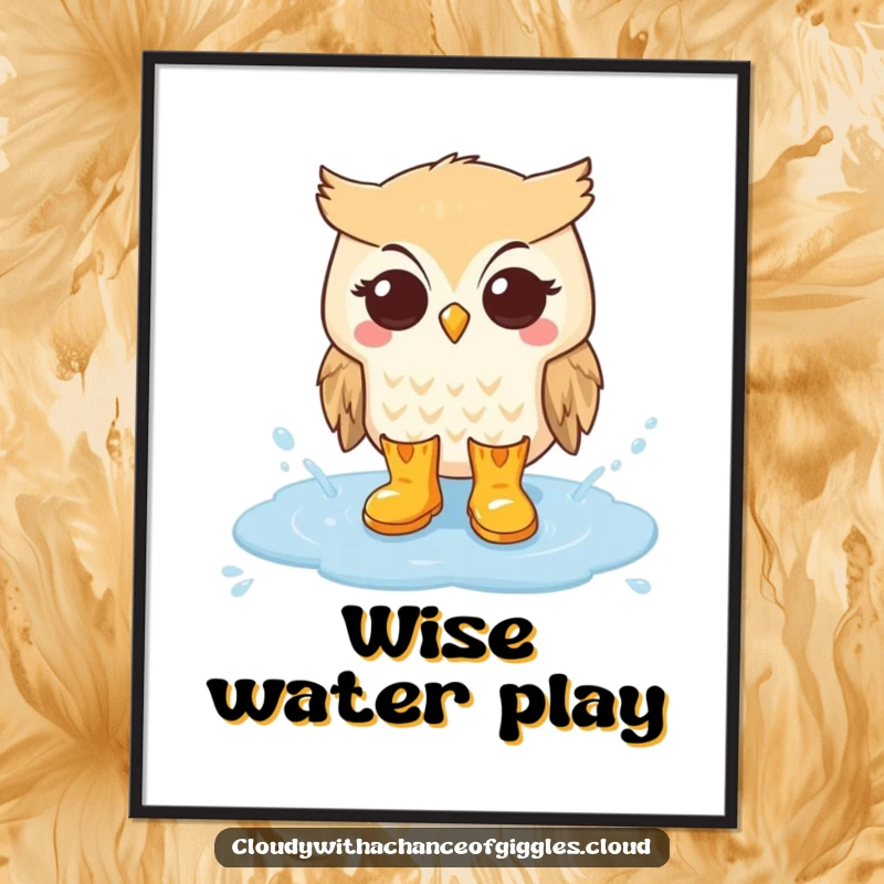 Funny poster print of an owl in tiny rain boots splashing in a cloud puddle, creating a whimsical and charming visual.