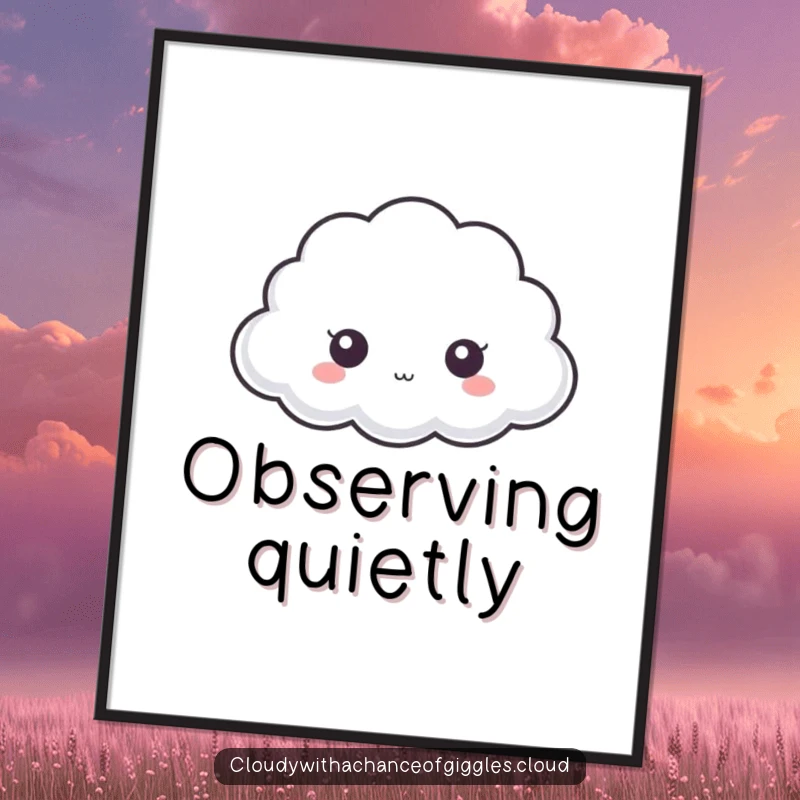 Funny cloud poster, a tiny cloud with large curious eyes peeking out from behind a larger cloud, creating a shy scene.