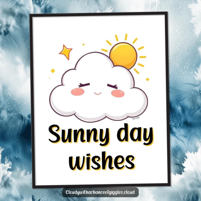Funny sleepy white cloud with closed eyes, dreaming of sunshine with a happy sigh, as a poster, bringing peaceful vibes instantly.
