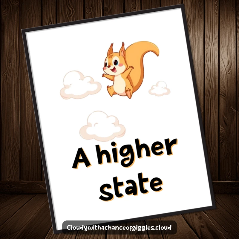 Funny poster print of a dynamic squirrel leaping joyfully between soft cirrus clouds, creating a whimsical and uplifting atmosphere.