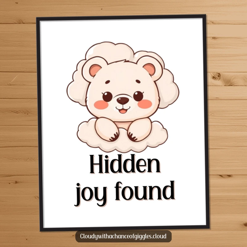 Funny poster of a smiling bear cub peeking from behind billowing clouds, creating a whimsical and adorable atmosphere, a perfect funny gift.
