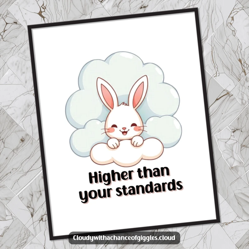 Funny poster art of a smiling bunny peeking from behind a big, fluffy, whimsical cloud, adding a touch of joy to walls.