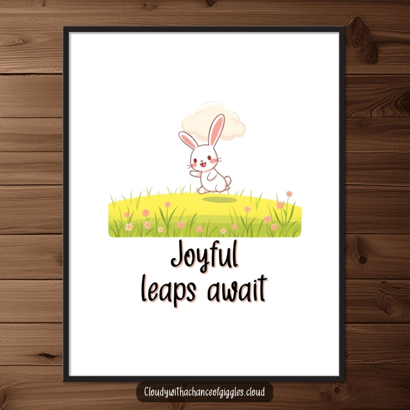 Funny rabbit poster, a happy rabbit hopping through a field beneath a grinning cloud, whimsical wall art for cheerful decor.