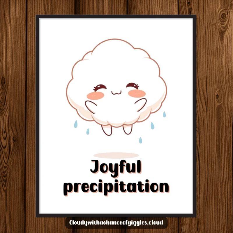 Funny fluffy white cloud with rosy cheeks, jumping joyfully and raining, as a poster, bringing cheerful vibes instantly.