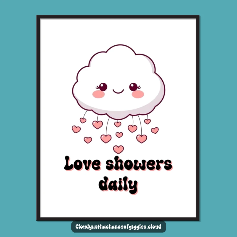 Funny Cloud Heart Rain Poster: Adorable Wall Art, Happy Face Decor Gift!