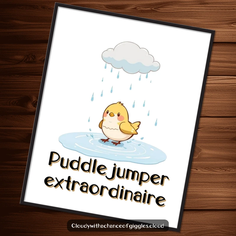Funny bird poster, a cheerful bird splashing in a puddle from a whimsical rain cloud, vibrant wall art for home decor.