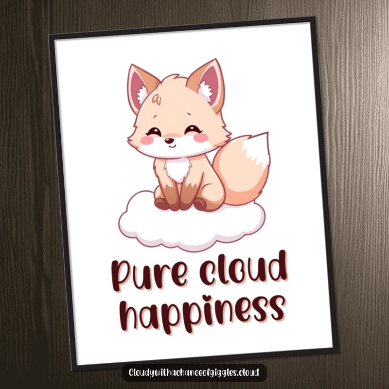 Funny fox poster, a fluffy fox seated on a cloud, tail wagging enthusiastically, radiating pure joy and whimsical humor.