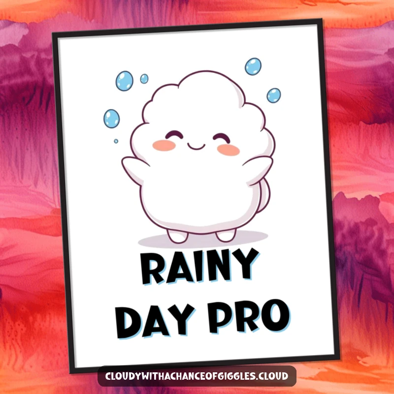 Funny poster art of a plump cloud animal character happily juggling raindrops with a smile, celebrating wet weather.