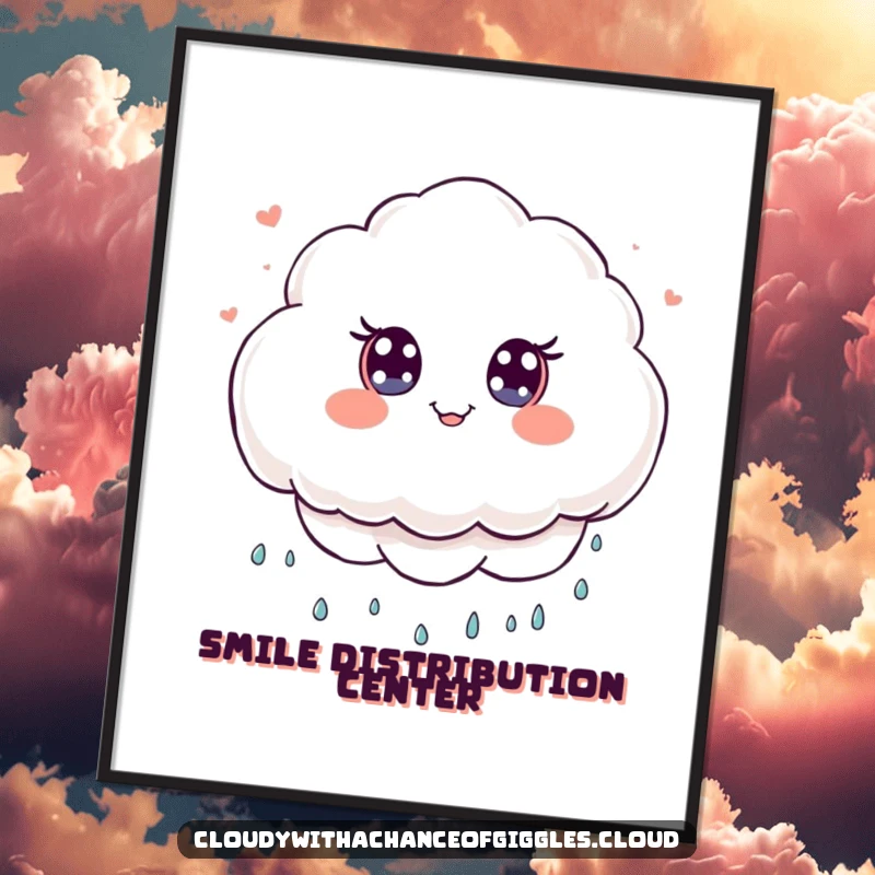 Funny Poster showcasing a fluffy kawaii cloud character with wide eyes, playfully raining small smile icons.