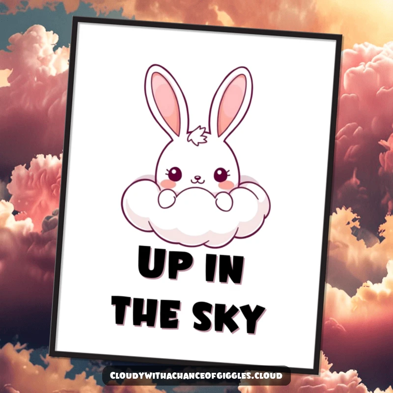 Funny Kawaii Bunny Poster: A cute bunny peeking out from behind a big, happy cloud, adding a humorous and adorable touch to decor.