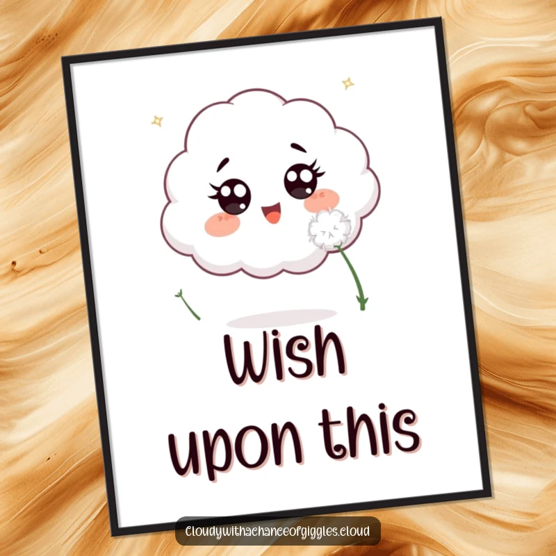 Funny poster depicting an excited cloud with very wide eyes, reaching out to catch a fluffy white dandelion seed floating in the air.