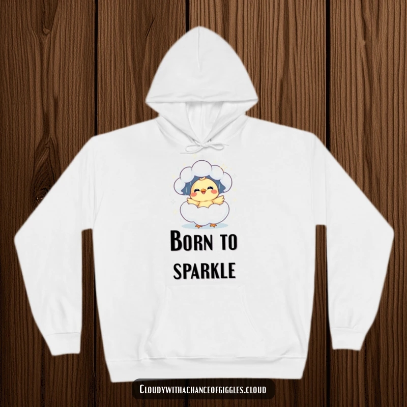 Funny giggling chick hatching from a sparkly rain cloud hoodie, offering comfort and infectious humor.