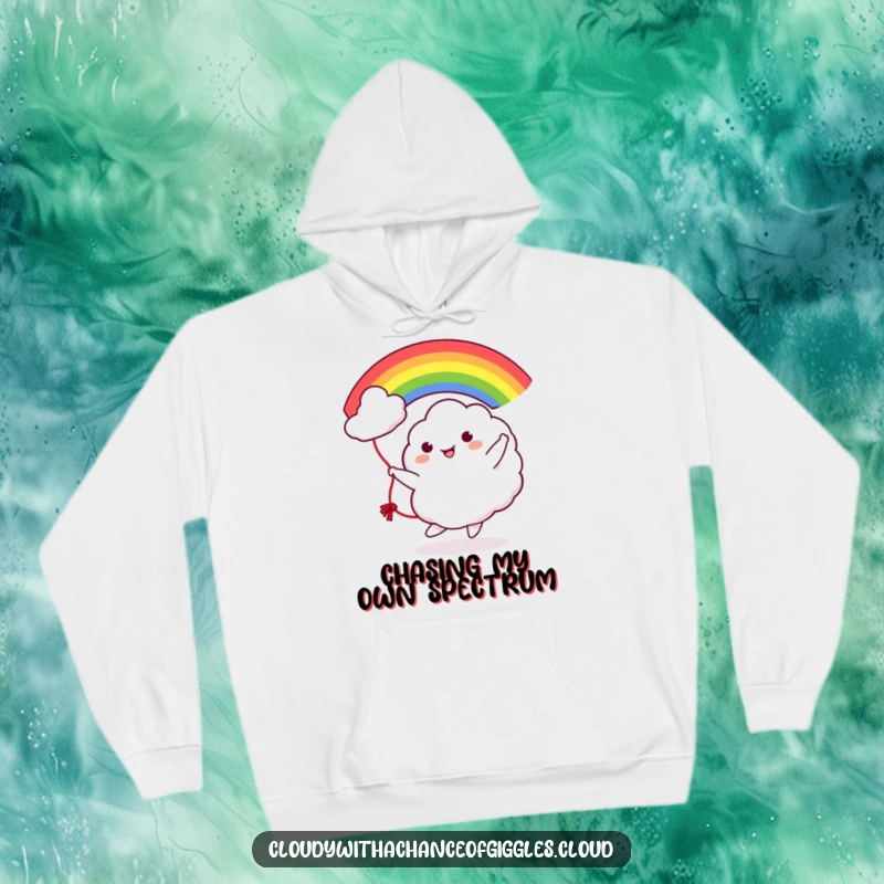 Funny Cloud Rainbow Jump Rope Hoodie: A charming cloud character gleefully tossing a colorful rainbow like a jump rope, perfect for cozying up.