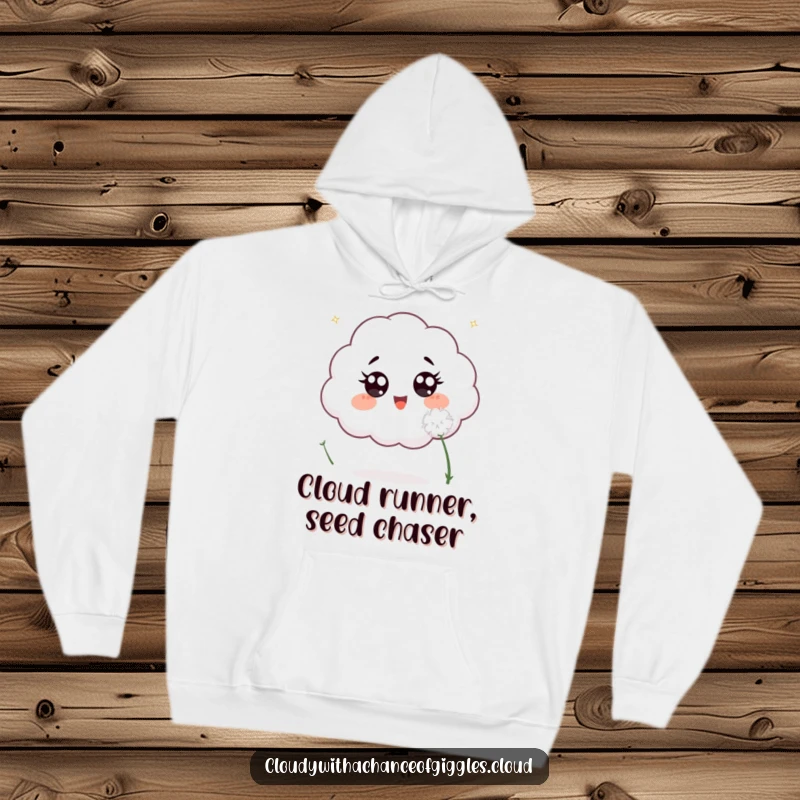 Funny hoodie with an excited cloud, its wide eyes fixed on a fluffy white dandelion seed it is enthusiastically pursuing.
