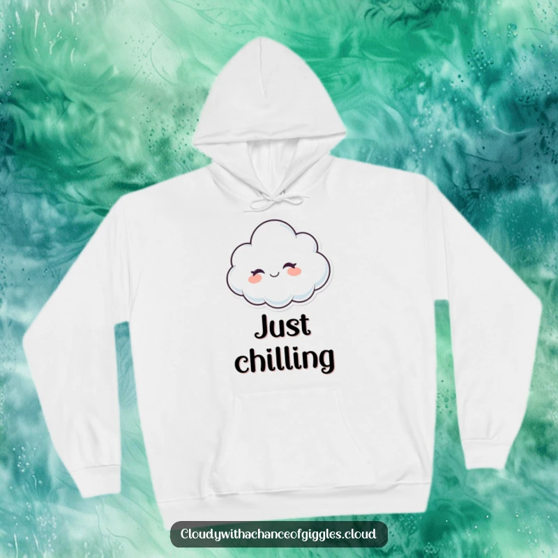 Funny cloud character winking with a friendly smile, a soft and cozy hoodie.