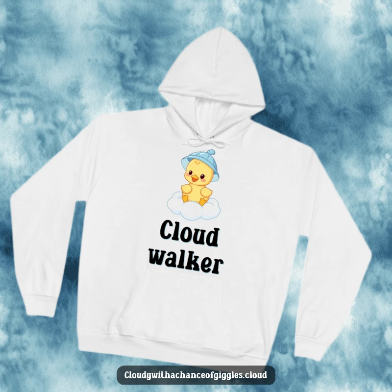 A funny, happy duckling in a small rain hat drifts on a fluffy cloud, illustrating this comfy hoodie.