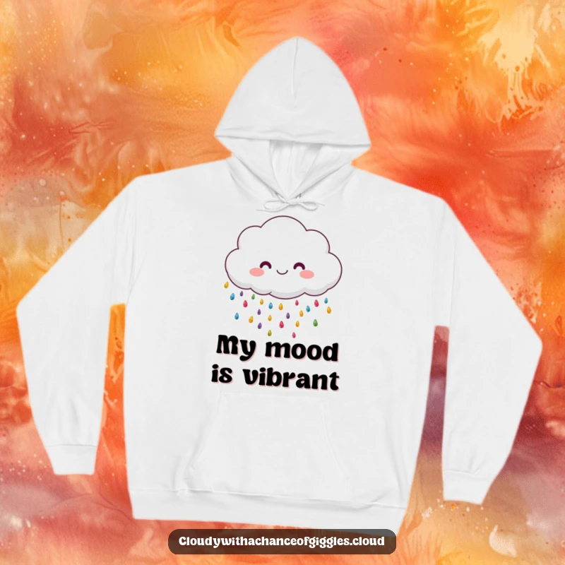 Funny fluffy cloud raining colorful drops, a cozy and humorous hoodie for warm comfort.