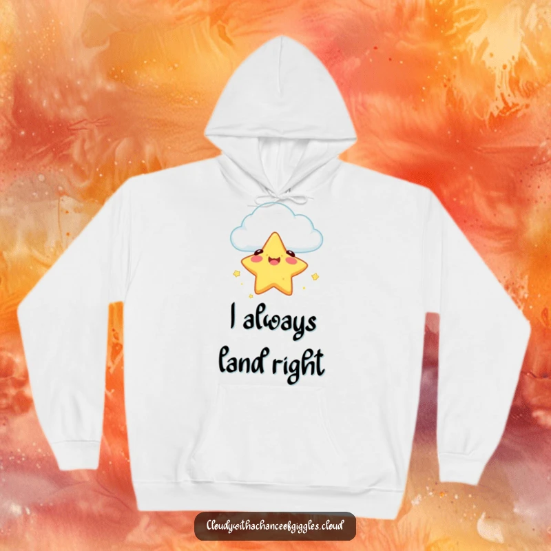 Funny hoodie featuring a happy star character falling safely from a cloud, offering warmth and humorous celestial protection.