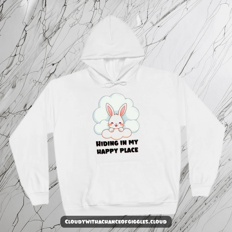 Funny hoodie showing a cute, smiling bunny peeking from behind a soft, whimsical cloud, perfect for cozy and happy days.
