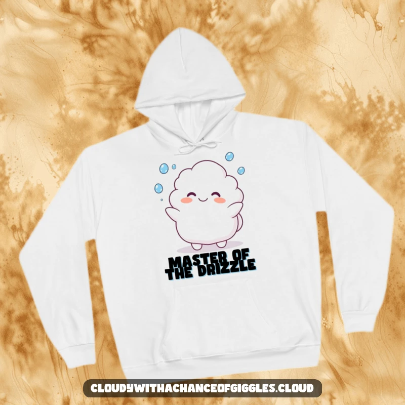 Funny hoodie featuring a plump cloud animal character happily juggling raindrops, embodying cheerful weather-themed fun.
