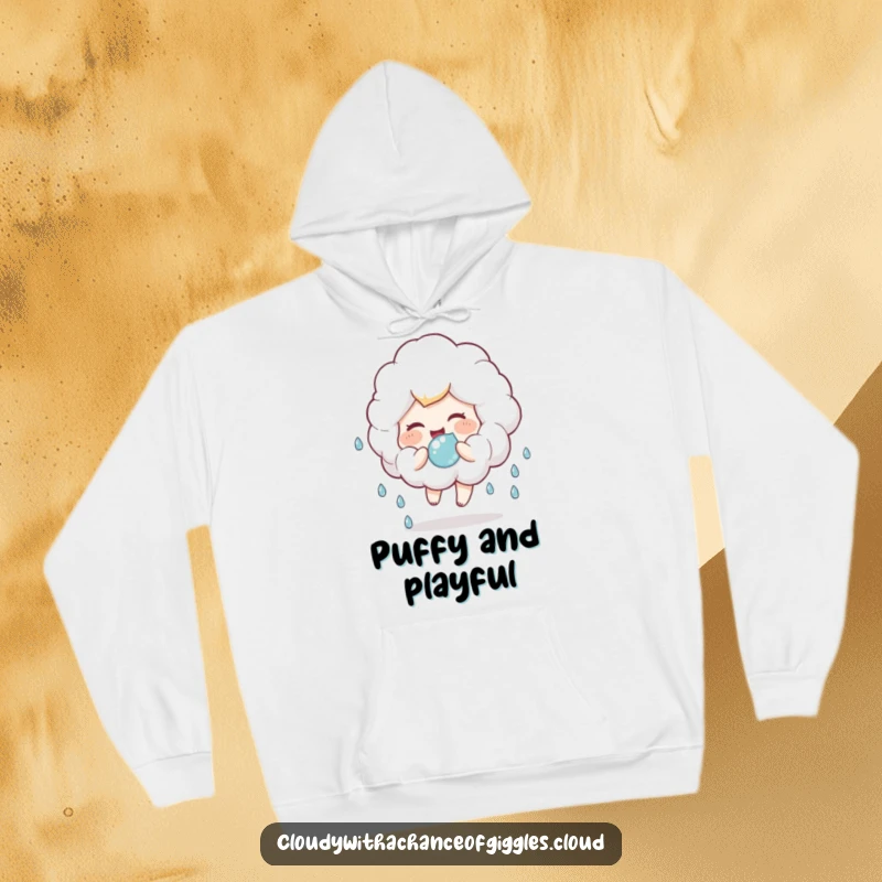 Funny hoodie with a fluffy cloud character giggling while bouncing a raindrop, perfect for cozy days and whimsical vibes.