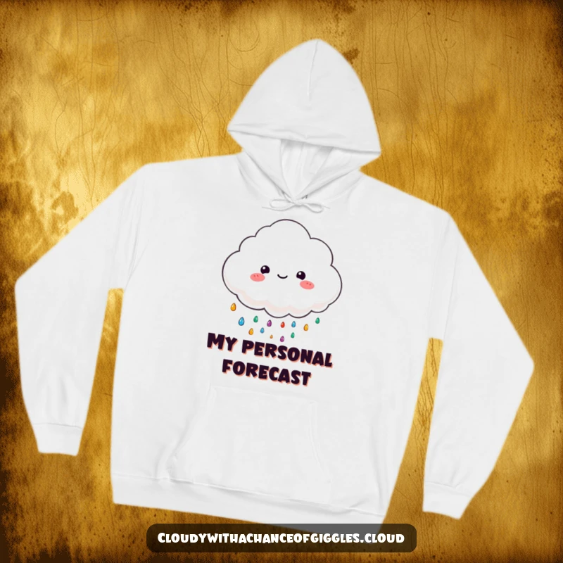 Funny hoodie with a fluffy cloud character happily raining colorful, tiny raindrops, offering cozy cheerfulness.