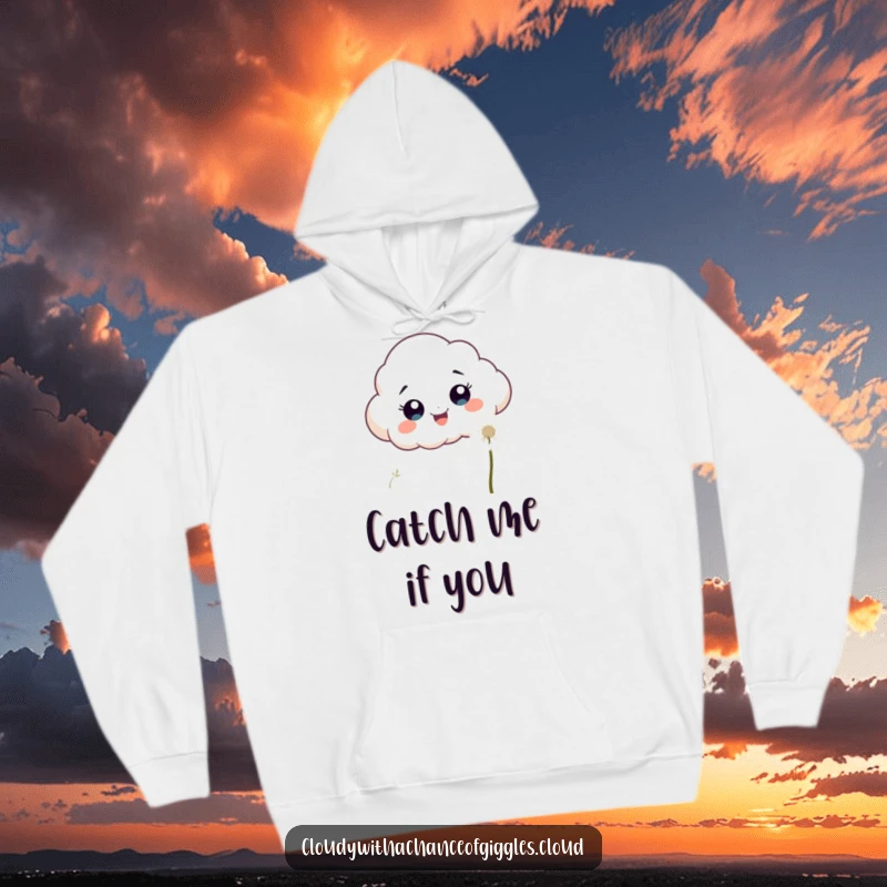 Funny, excited cloud with wide eyes chasing a fluffy white dandelion seed on a soft, warm hoodie.