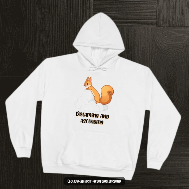 Funny hoodie depicting a squirrel ascending a cloud resembling a fluffy mountain, embodying whimsical adventure. A great funny gift.
