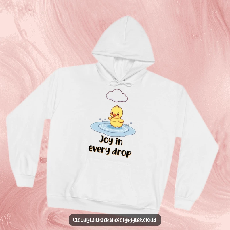 Funny Duckling Puddle Splash Hoodie, illustrating a happy duckling splashing in a puddle under a cloud, perfect for cozy days.
