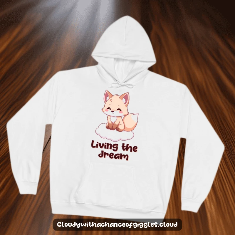 Funny fox hoodie, a fluffy fox perches on a cloud, tail wagging merrily, providing cozy humor and warmth.