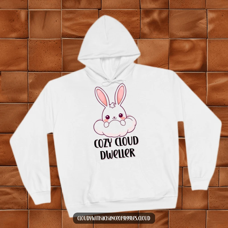 Funny Kawaii Bunny Hoodie: A sweet bunny peeking over a big, smiling cloud, offering warmth and a touch of funny charm.