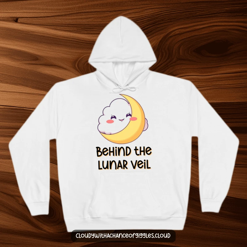 Funny Hoodie: A mischievous cloud grins from behind a crescent moon, suggesting playful secrets and delightful nighttime antics.