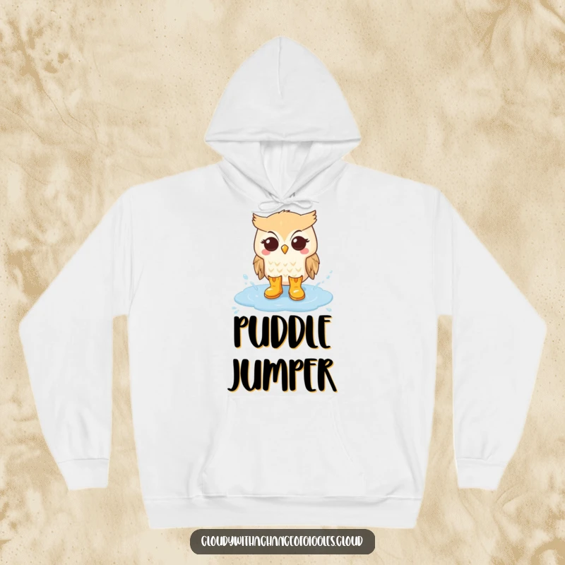 Funny hoodie featuring a cute owl wearing little rain boots, splashing merrily in a cloud puddle, great for rainy days.