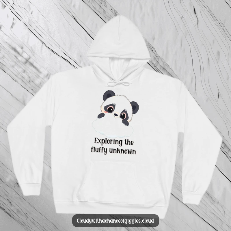 Funny panda cub hoodie designed with a curious panda cub peeking over a cloud, offering warmth and adorable, humorous appeal.