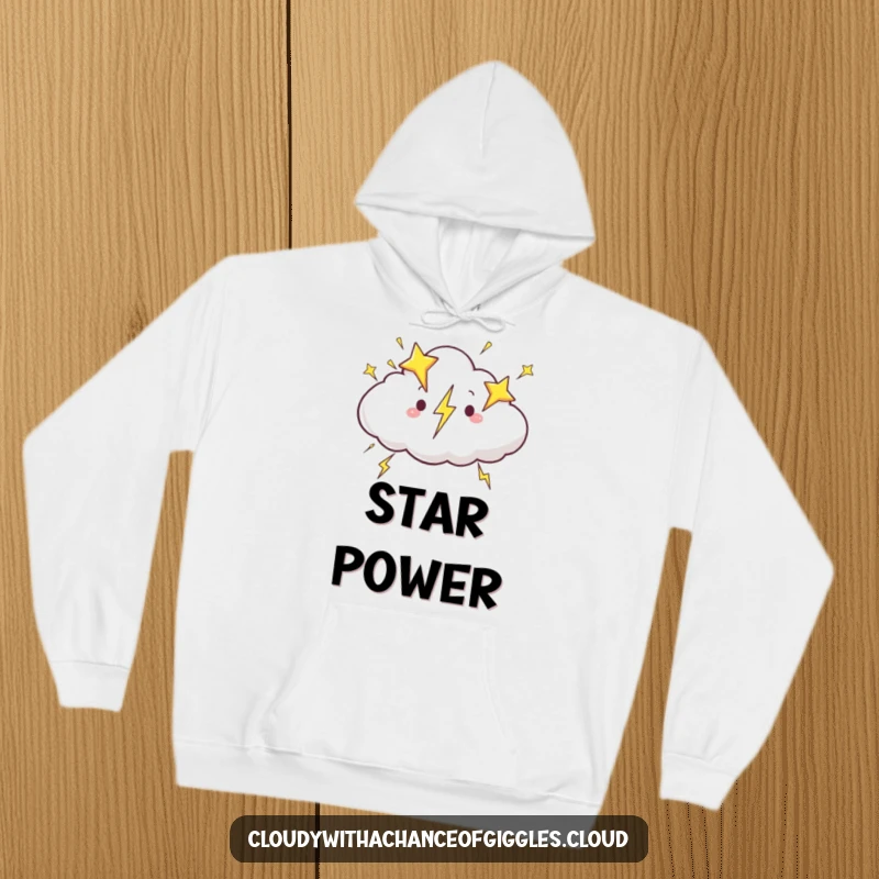 Funny cloud hoodie, a cloud happily zipping across the sky, emitting lightning bolts shaped like stars.