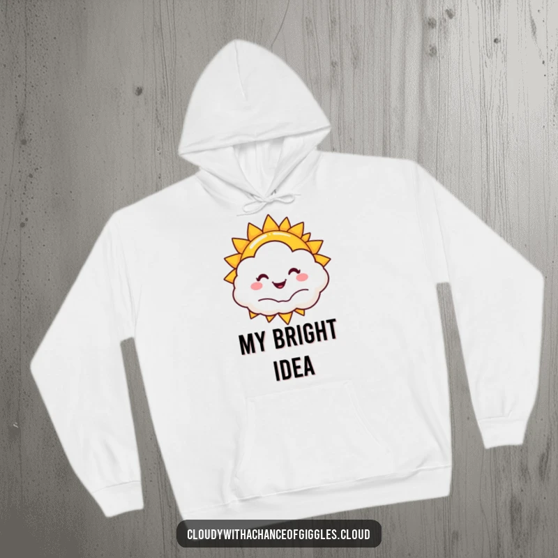 Funny sun and cloud hoodie, featuring a smiling sun peeking from a happy cloud, providing cozy and humorous comfort.