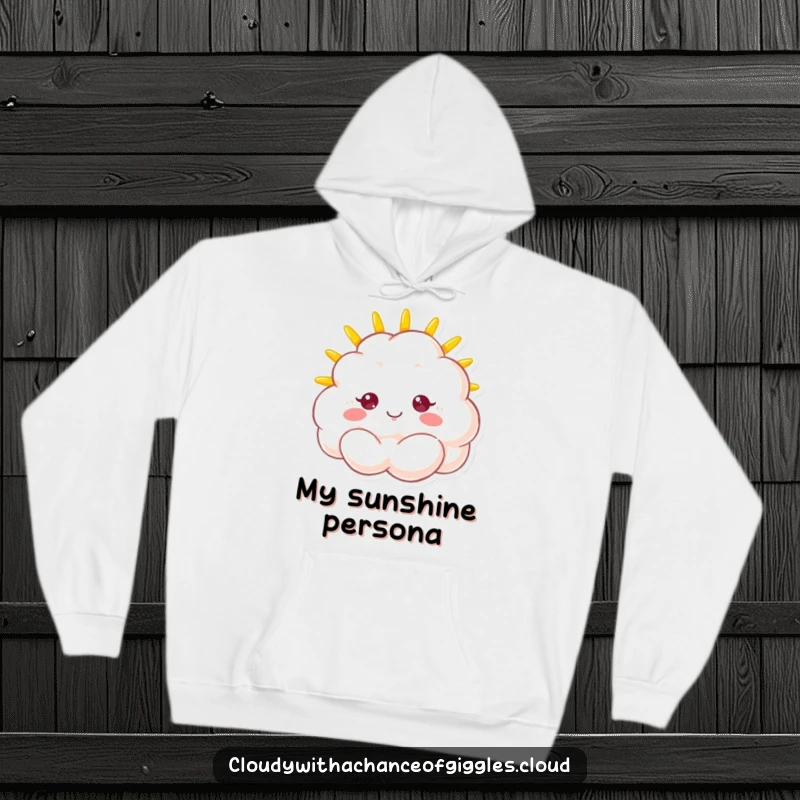 Funny hoodie featuring a fluffy cloud with a bright sunshine face, offering cozy cheer and a beaming smile.