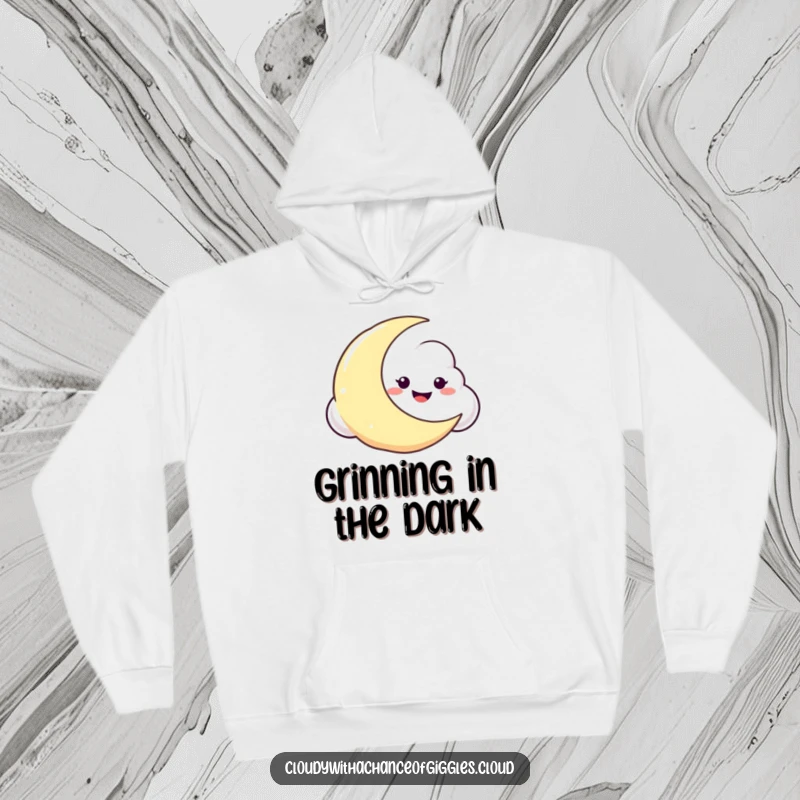 Funny hoodie depicting a cloud with a sly, mischievous grin, peeking around the curve of a sliver moon in the night sky.