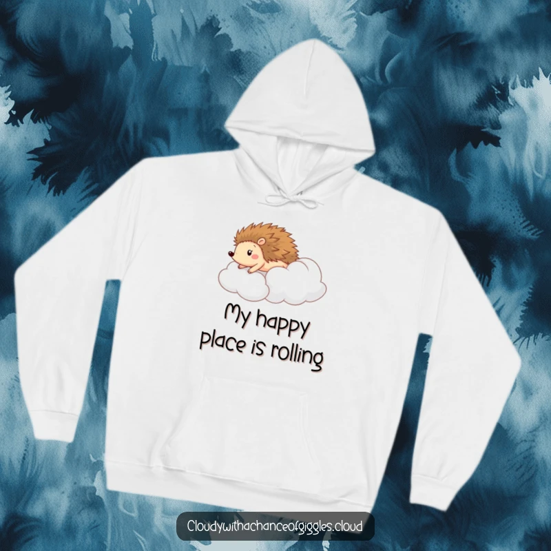 Funny hoodie with a cheerful hedgehog rolling down a soft, puffy cloud, exuding happiness and a love for fun.