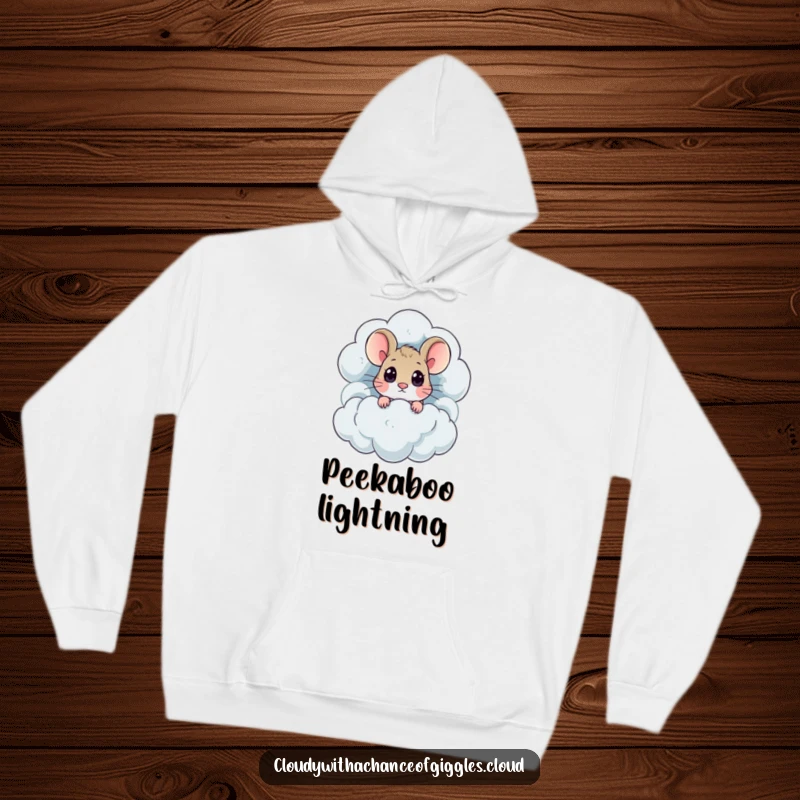 Funny curious mouse with big eyes peeks from a thundercloud, depicted on this cozy and amusing hoodie.