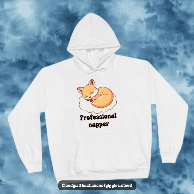 Funny sleepy fox resting on a fluffy cloud hoodie, radiating warmth and humor. Ideal for cozy, lazy days.