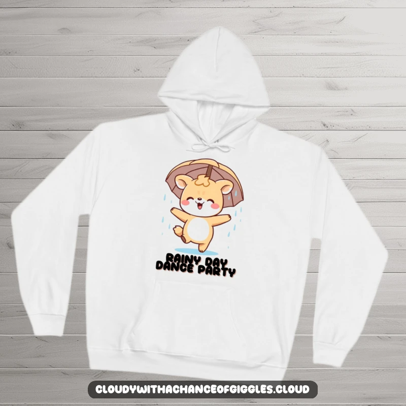 Funny Hoodie featuring a happy animal character energetically dancing and delighting in a gentle rain shower.