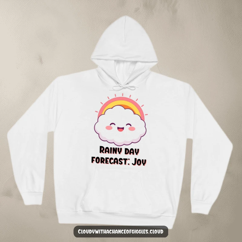 Funny hoodie showcasing a fluffy cloud character with a wide, joyful grin, a colorful rainbow bursting forth, offering cozy humor.