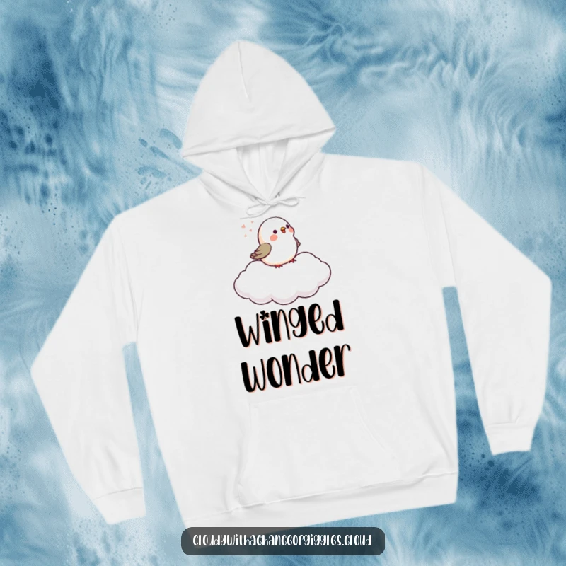 Funny tiny bird chirps on a gently drifting cloud, depicted on this cozy and amusing hoodie.