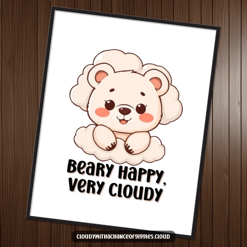Funny Free Printable Wall Art: A curious bear cub smiles while peeking from behind soft, billowing white clouds.
