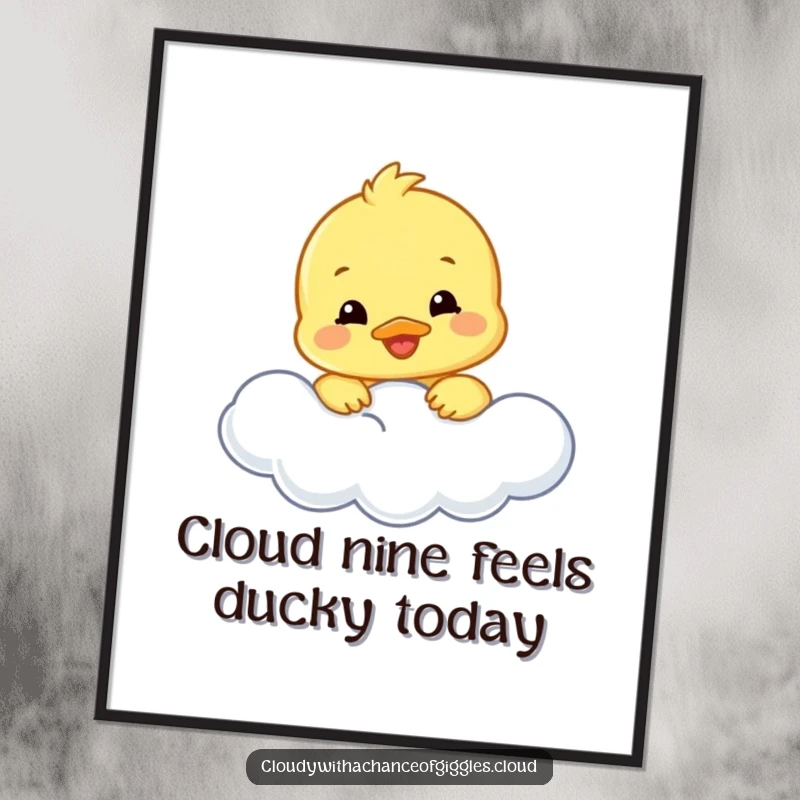 Funny Free Printable Wall Art featuring a happy duckling peeking with a smile from a wispy cloud.
