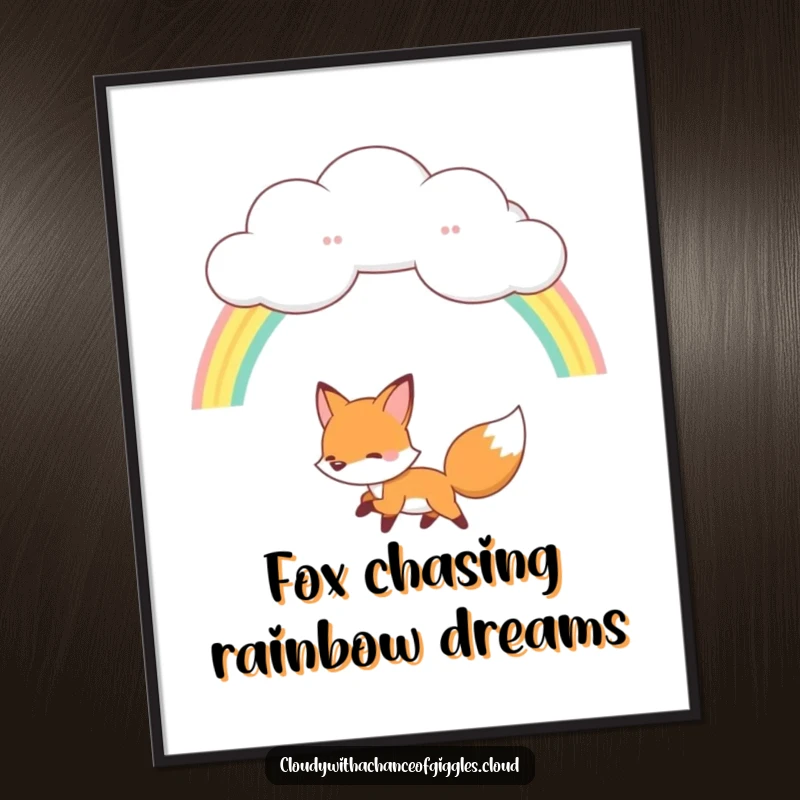 Funny Free Printable Wall Art: A happy fox excitedly chasing a vibrant rainbow arching from a whimsical fluffy cloud.