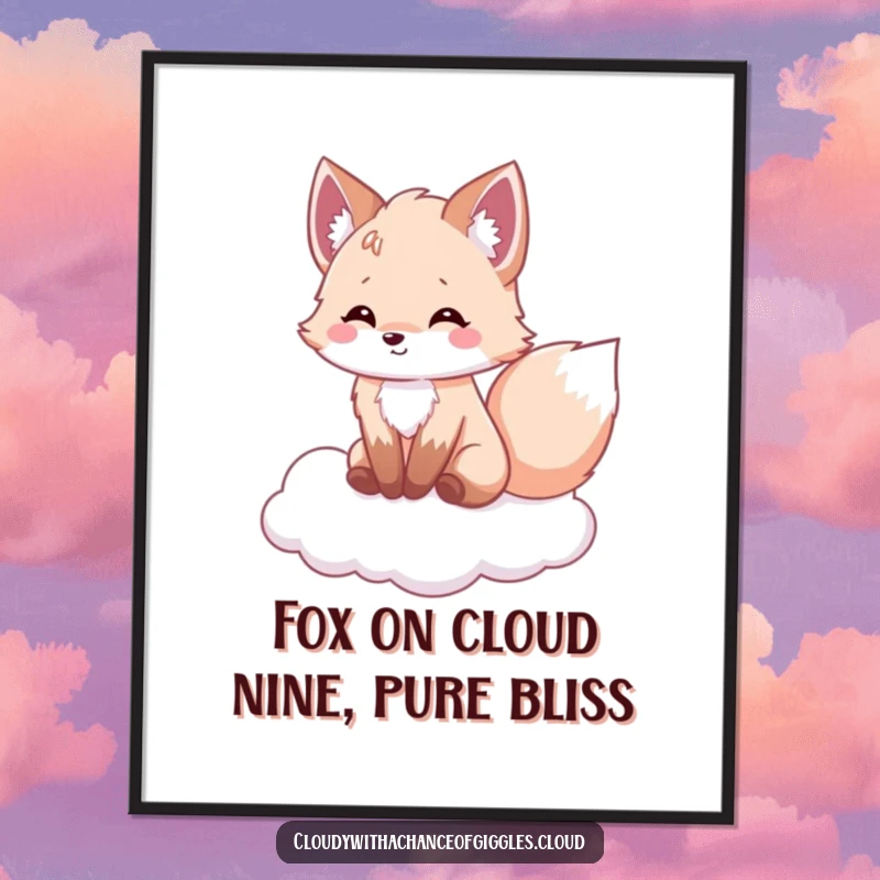 Funny Free Printable Wall Art: A fluffy fox beams with happiness, sitting on a cloud with its tail wagging merrily.