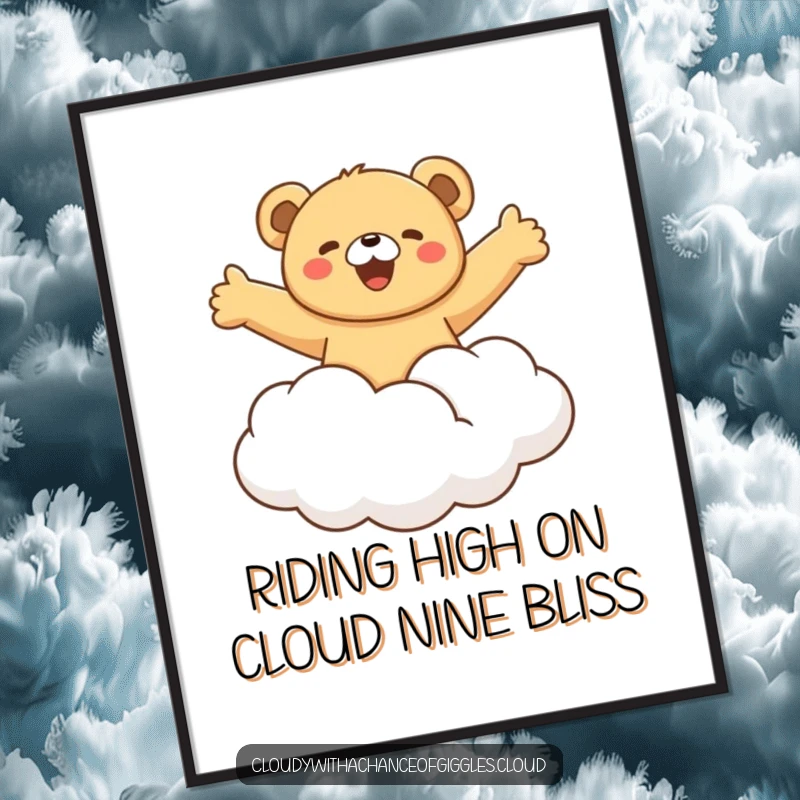 Funny Free Printable Wall Art: Bear cub gleefully riding fluffy cloud with arms outstretched, dreamy art.