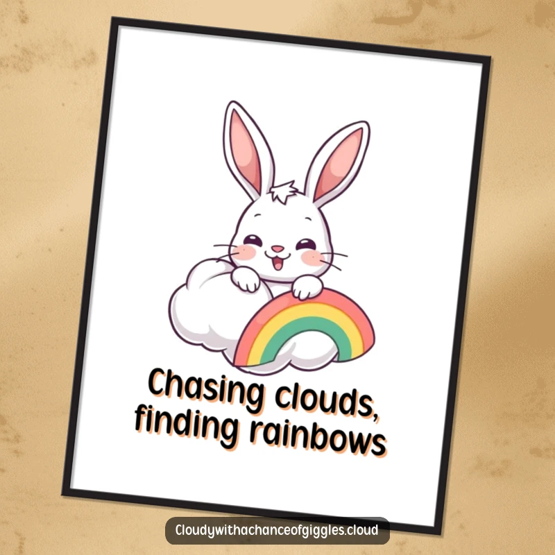 Funny free printable wall art: a cheerful bunny peeking from a cloud, holding a colorful rainbow.